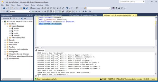 Run the DBCC CHECKDB command in Query Editor Window