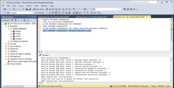 Run the DBCC CHECKDB command with the REPAIR ALLOW DATA LOSS